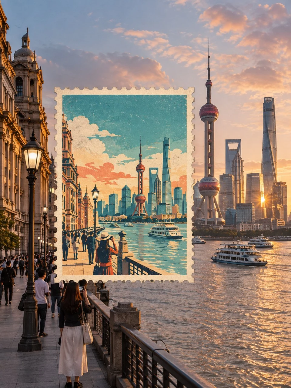 Vintage Shanghai Bund Stamp Travel Poster