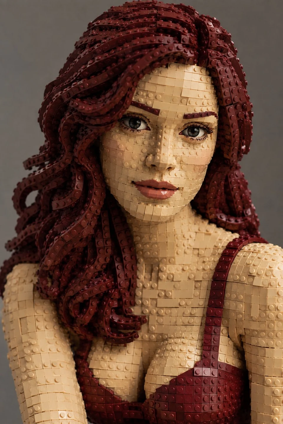 Cinematic portrait of a woman sculpted from LEGO