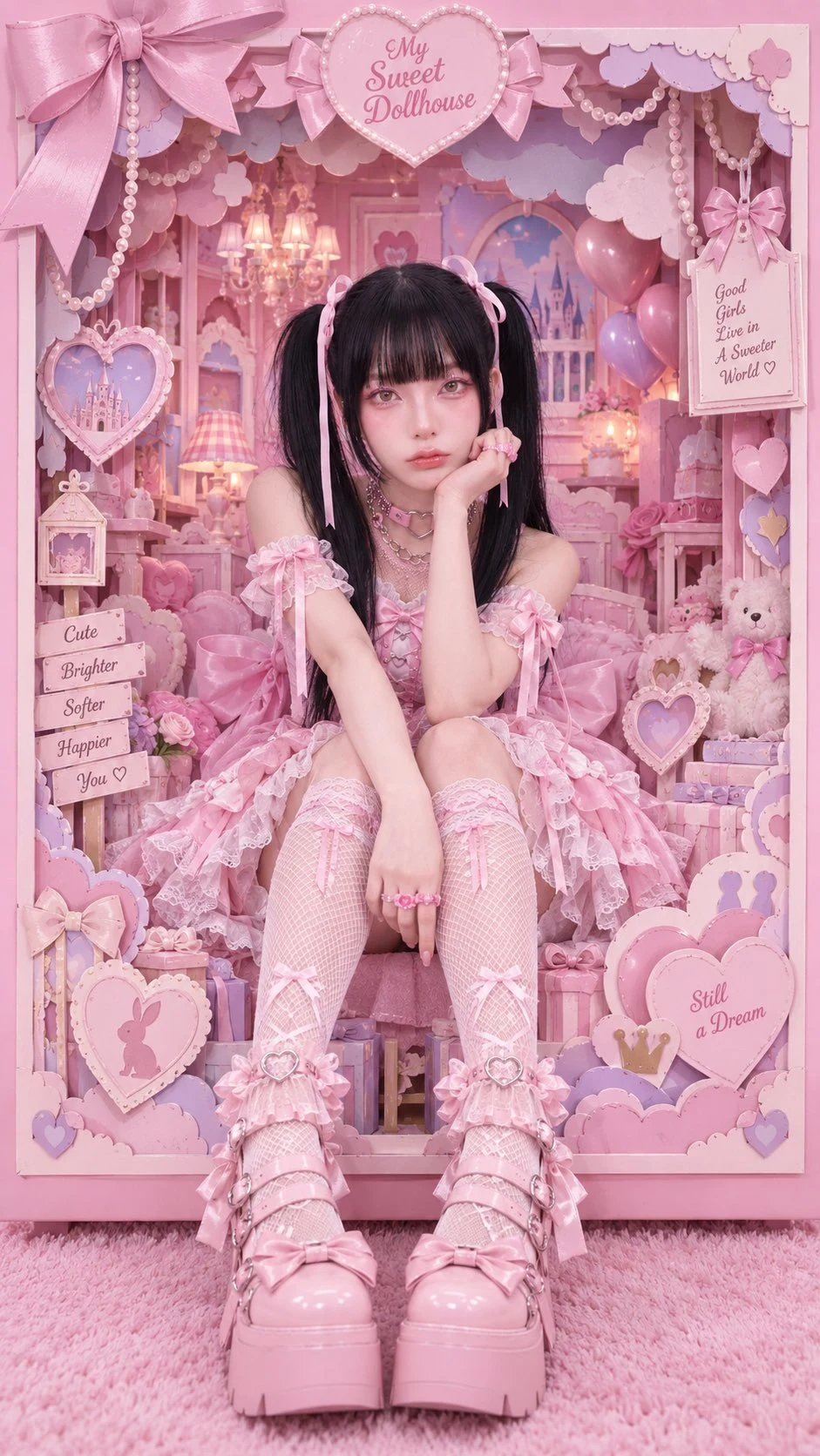 Sweet Lolita Girl in Pink Paper Craft Shadow Box