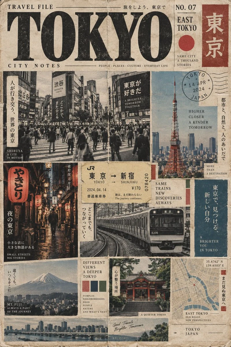 Vintage Tokyo travel newspaper collage poster
