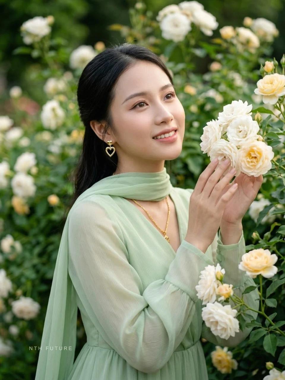 young asian woman in green dress holding roses