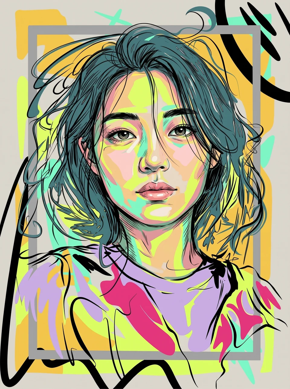 Pop art digital vector portrait of young woman with