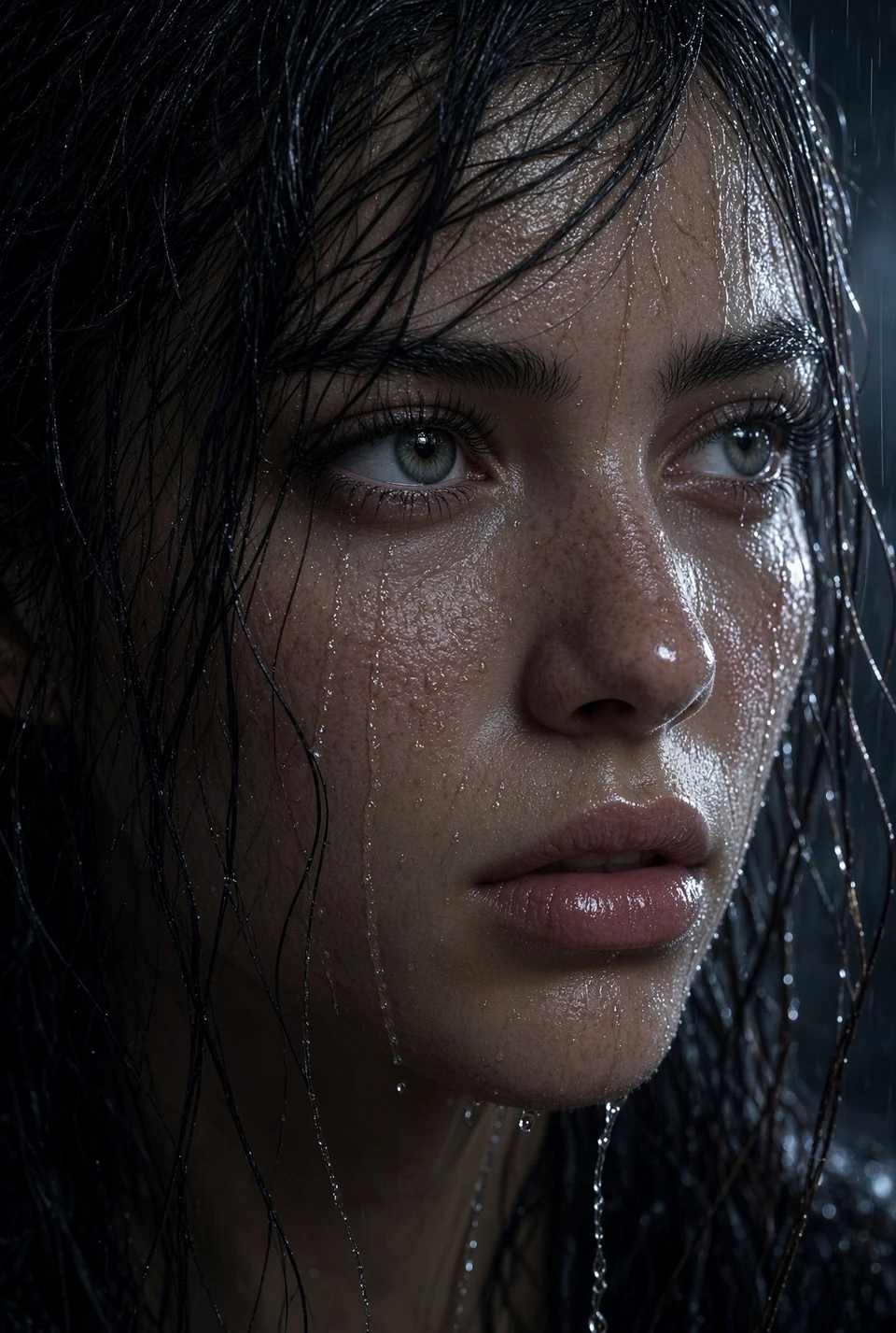 wet-face beauty macro with water droplets and