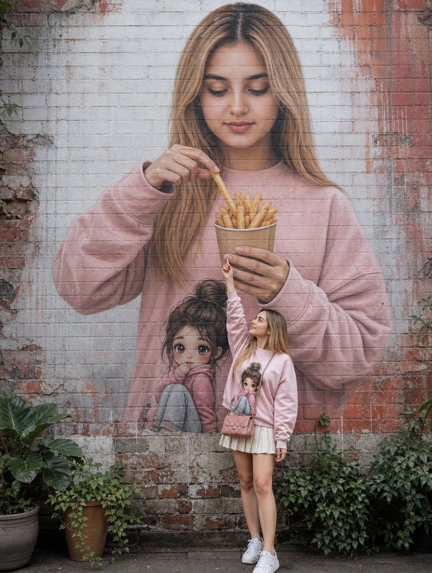 Real and mural woman sharing fries trompe l oeil