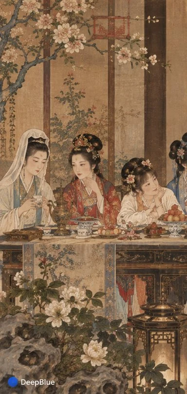 Qing dynasty court painting of Hongloumeng ladies at