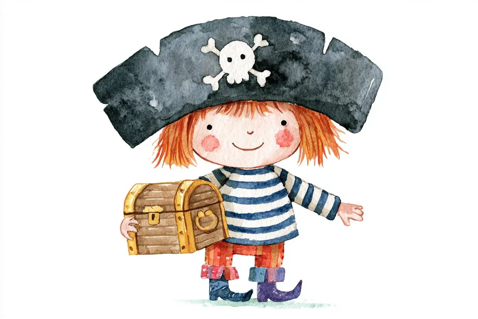 watercolor pirate girl holding treasure chest