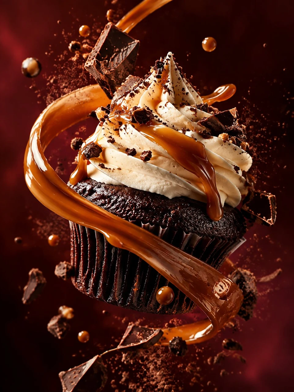 Luxury chocolate cupcake with caramel ribbon macro