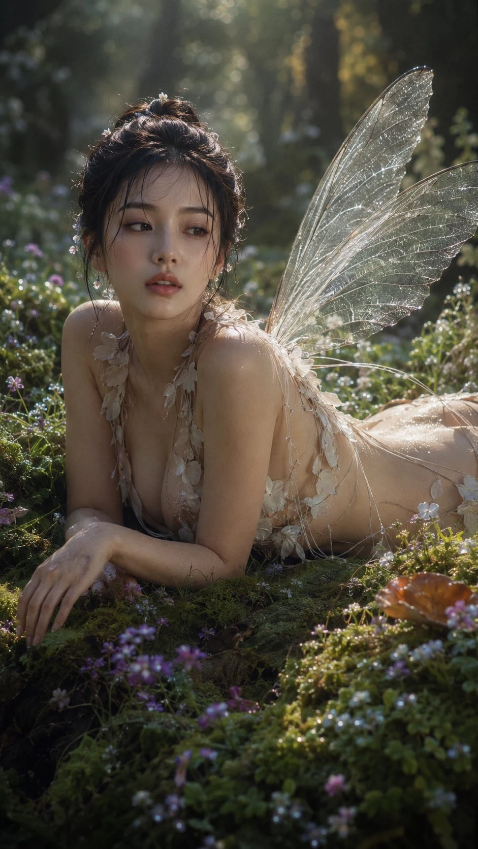 Ethereal East Asian Fairy on Moss with Insect Wings