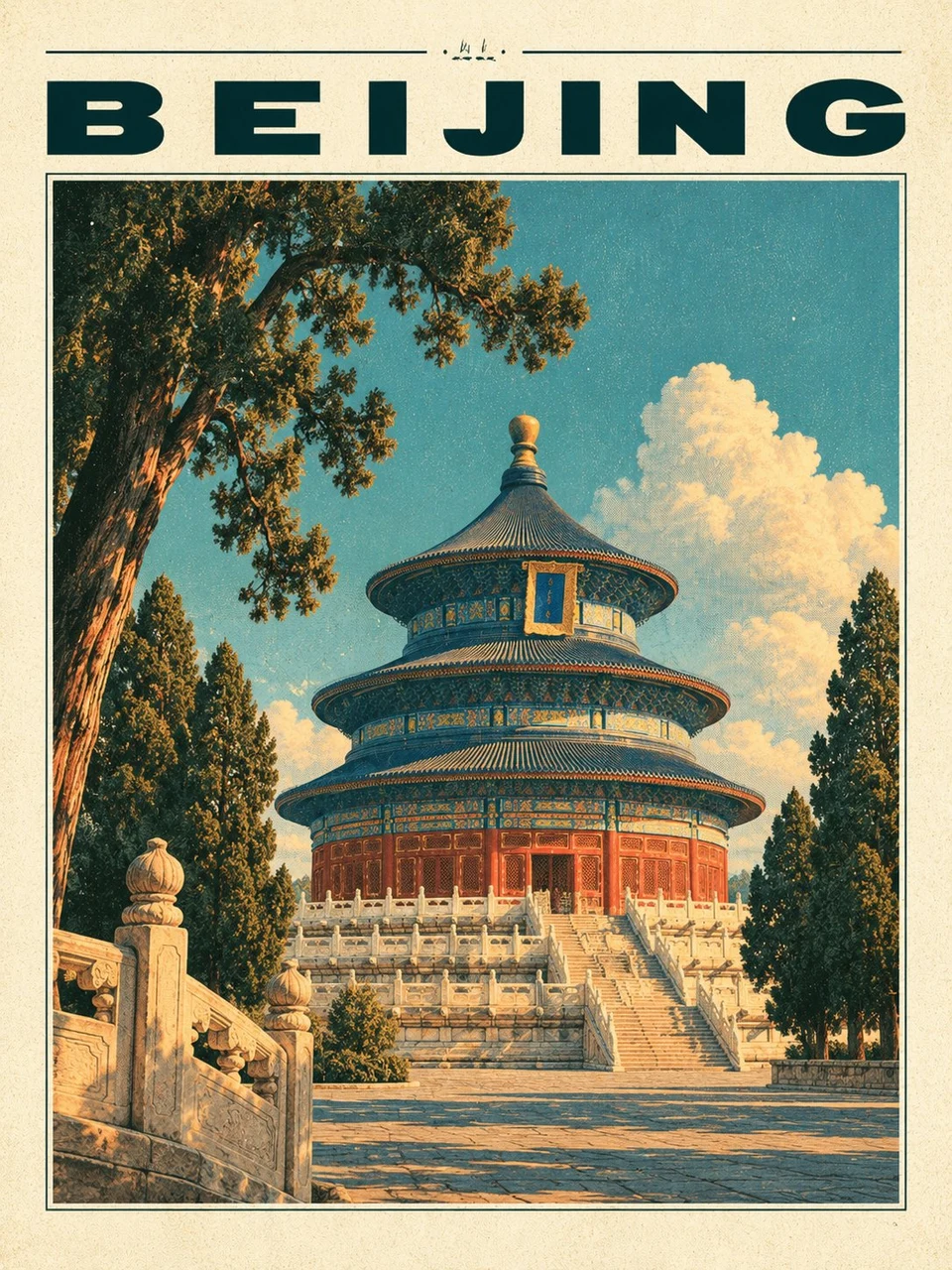 Mid-century vintage travel poster featuring Beijing