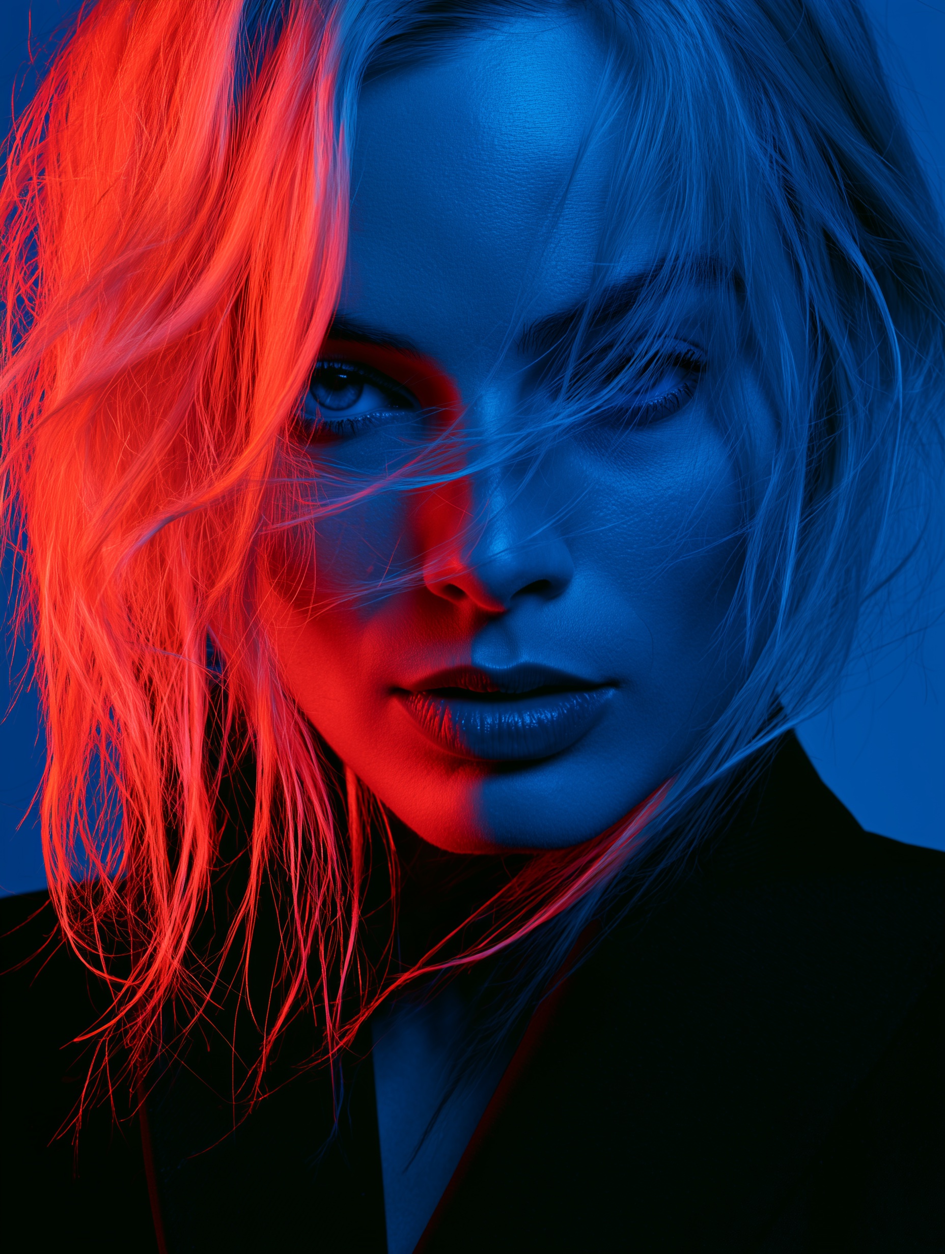 neon-noir portrait woman red blue split light
