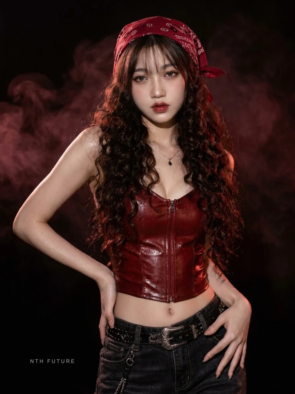 Asian fashion model in red leather with curly hair