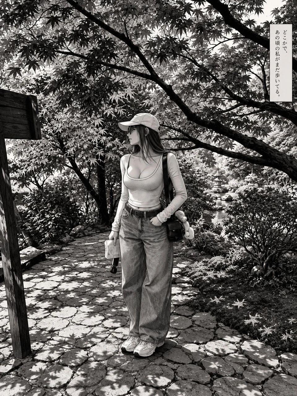 Monochrome anime girl on garden path with Japanese