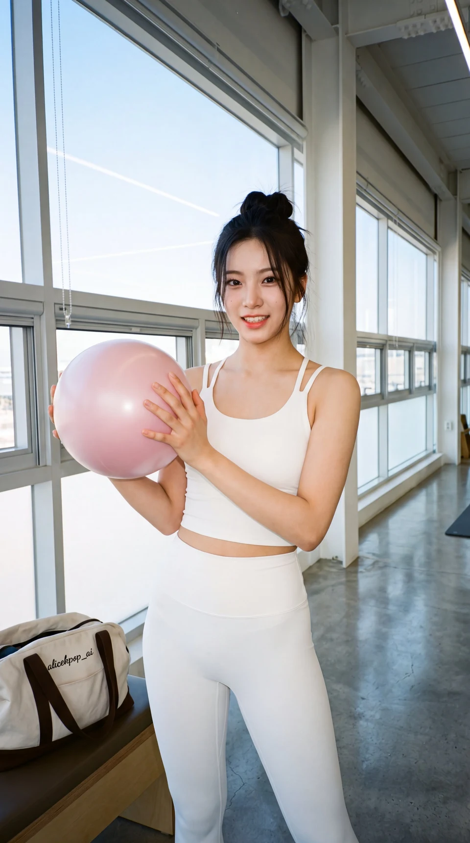 Asian woman in white gym outfit with pink exercise