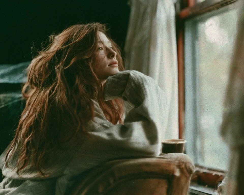 Autochrome portrait of woman at window with coffee