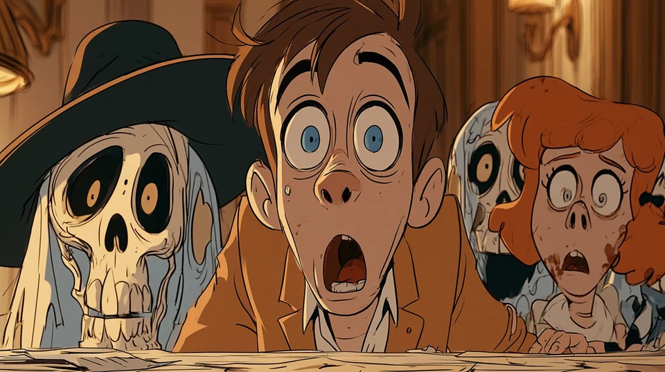 Scared cartoon boy and girl confronted by spooky