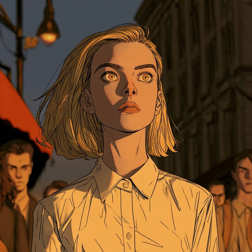 Illustrated Woman in Urban Evening Scene