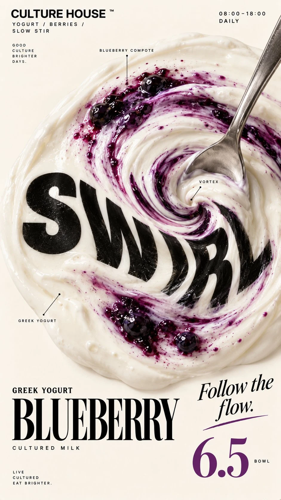 Greek yogurt blueberry vortex editorial poster