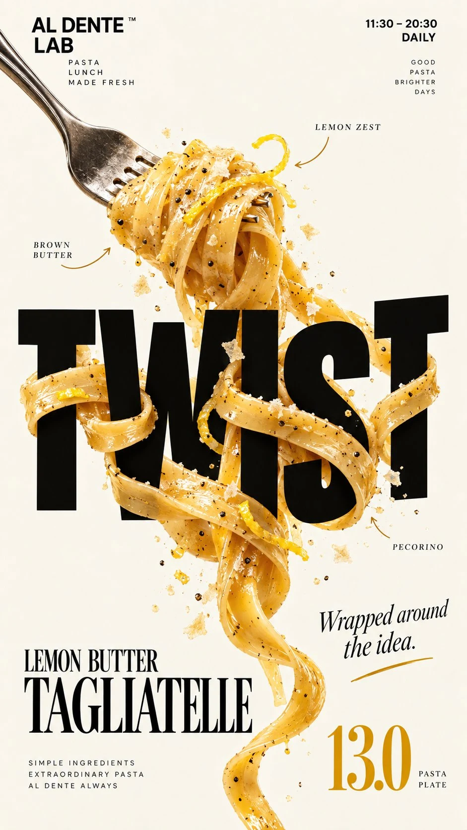 Premium pasta typography poster with spaghetti