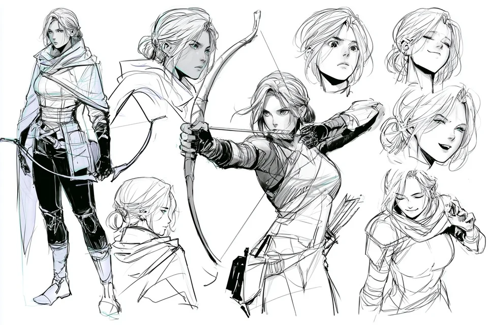 Manga character design sheet sketch of female archer