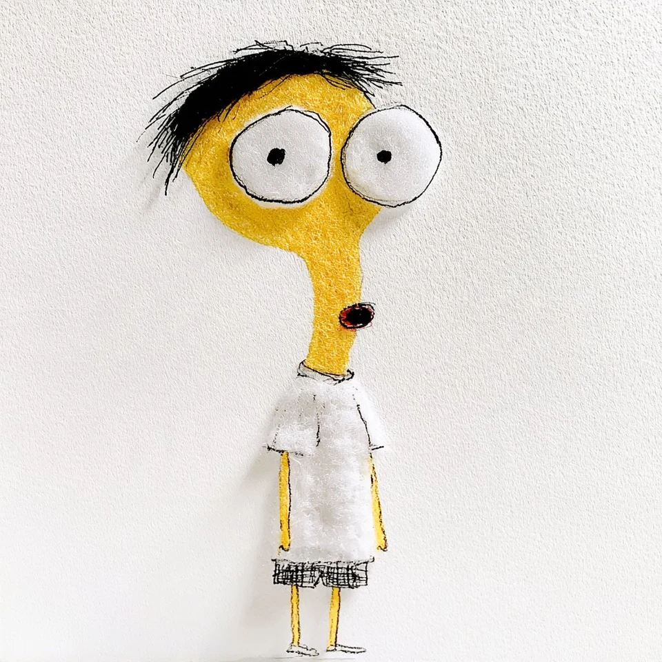 Whimsical yellow cartoon character mixed media