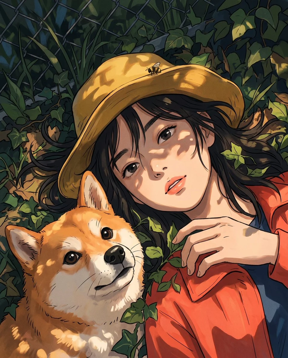 Anime Woman and Shiba Inu in Sunlit Ivy