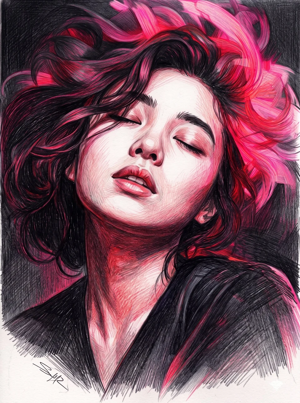 colored pencil portrait of young asian woman with