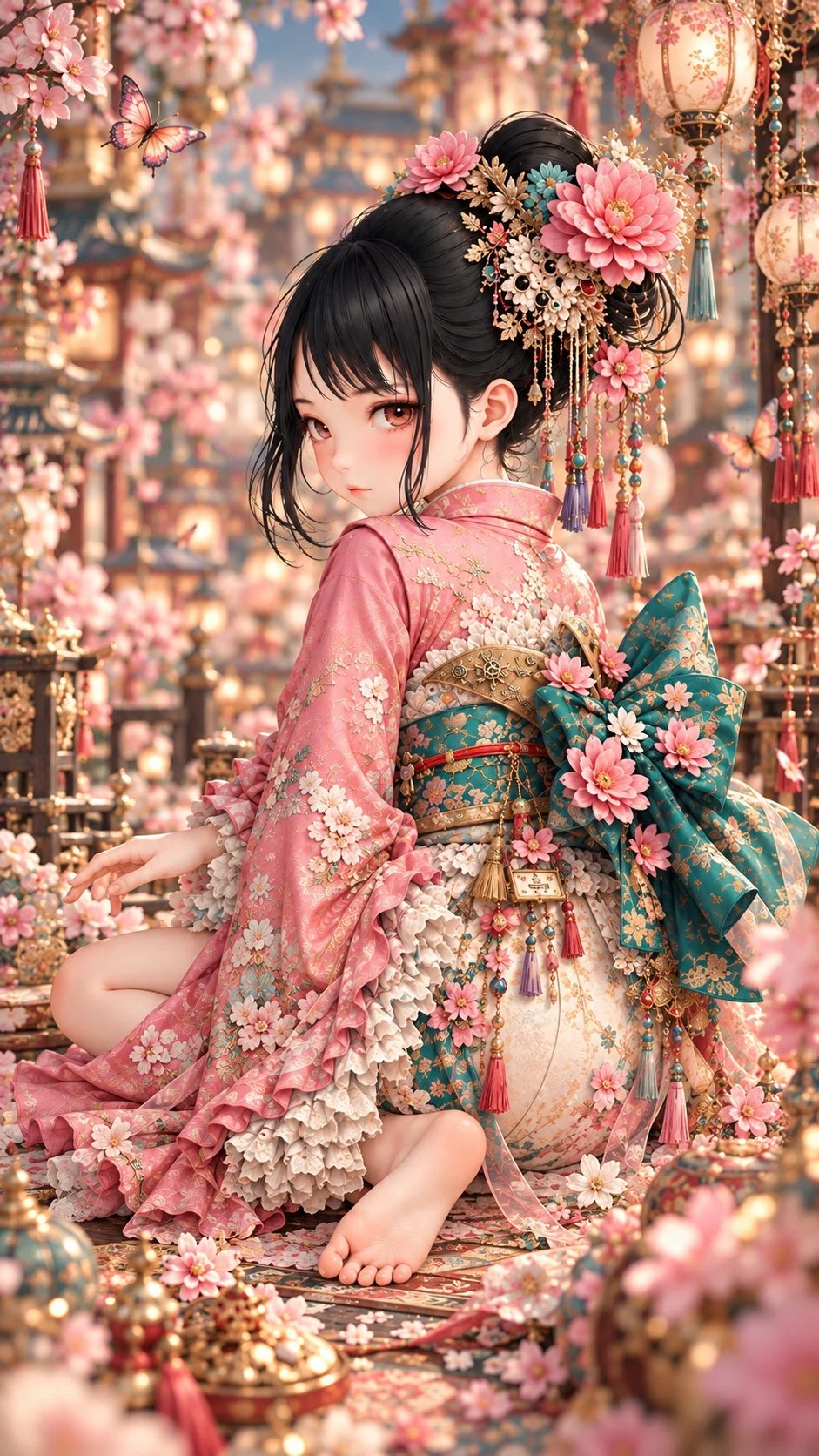 Beautiful girl in pink kimono with flowers at