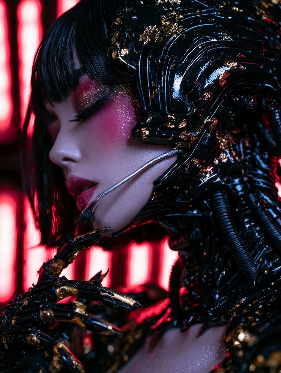 female cyborg with cybernetic armor and neon lights