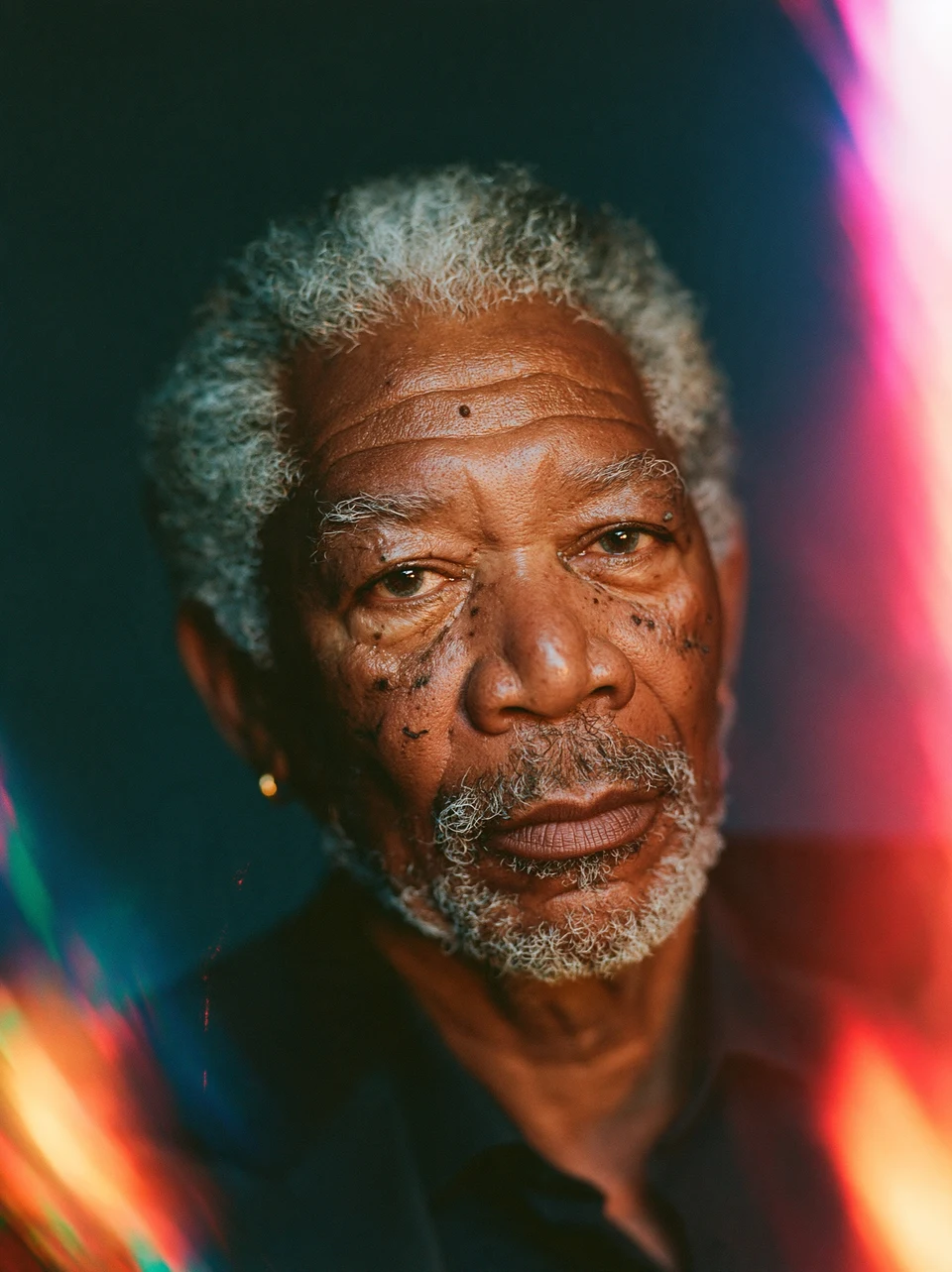 Morgan Freeman Portrait with Neon Light Leaks