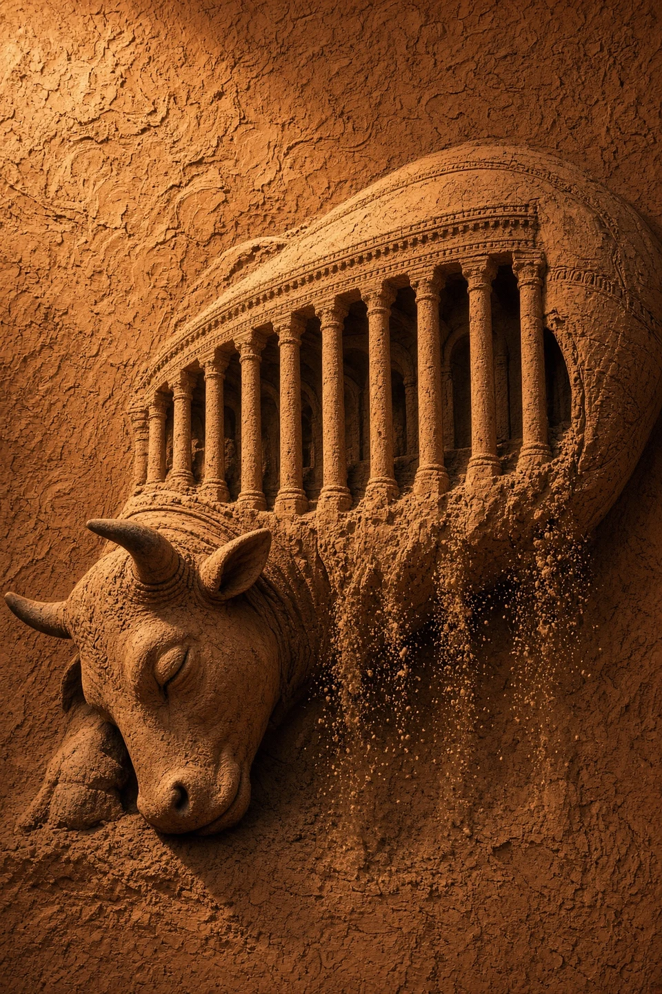 Terracotta relief of a sleeping ox with a temple