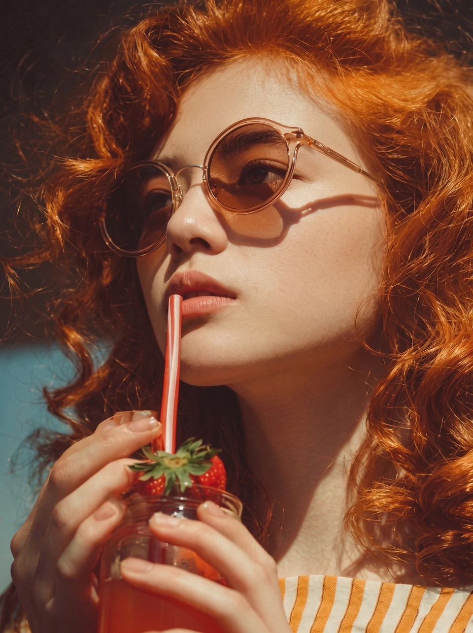 Redhead woman drinking strawberry beverage in