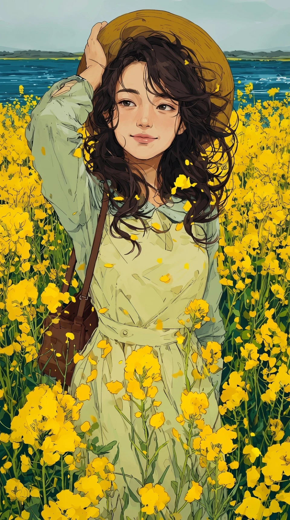 anime illustration woman in canola field holding