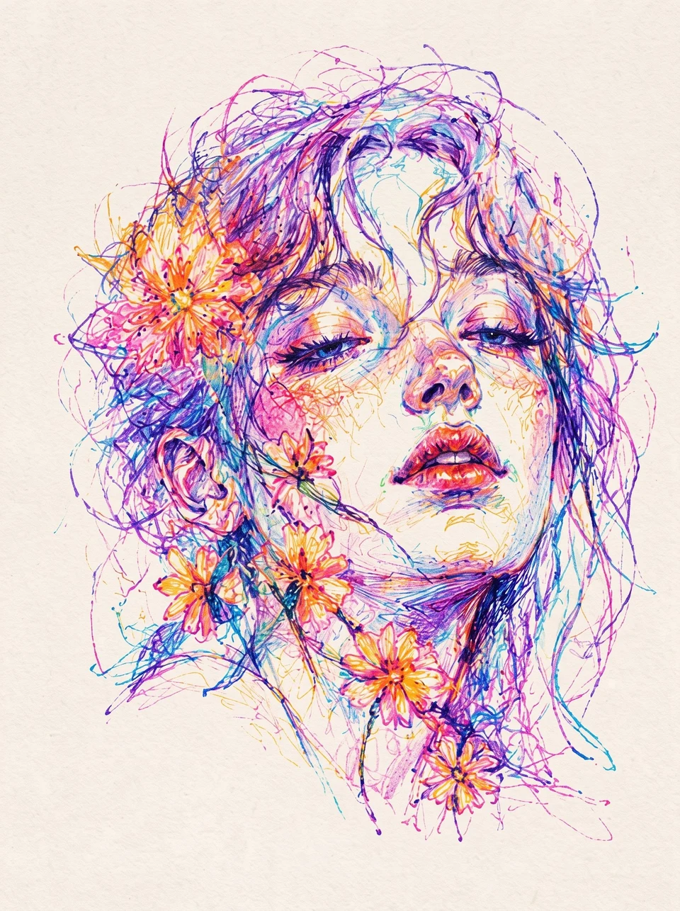 scribble portrait woman wildflowers