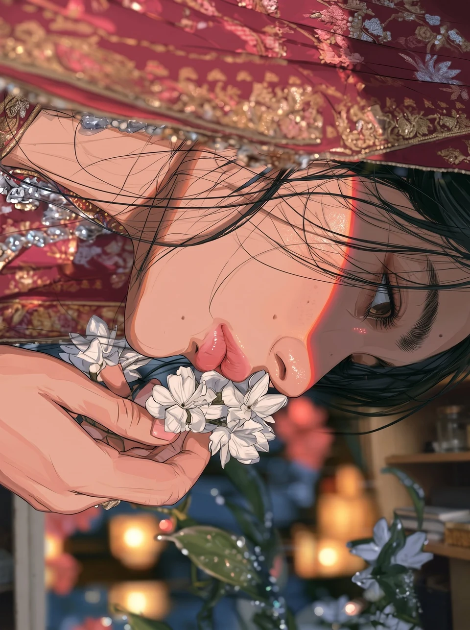 woman smelling white jasmine under red silk umbrella