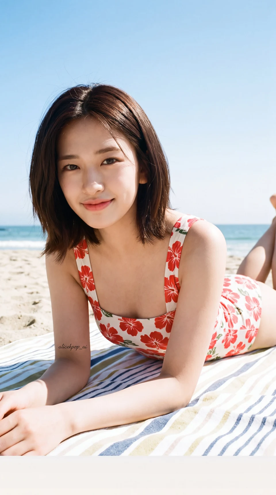 K-pop idol in floral swimsuit on beach towel