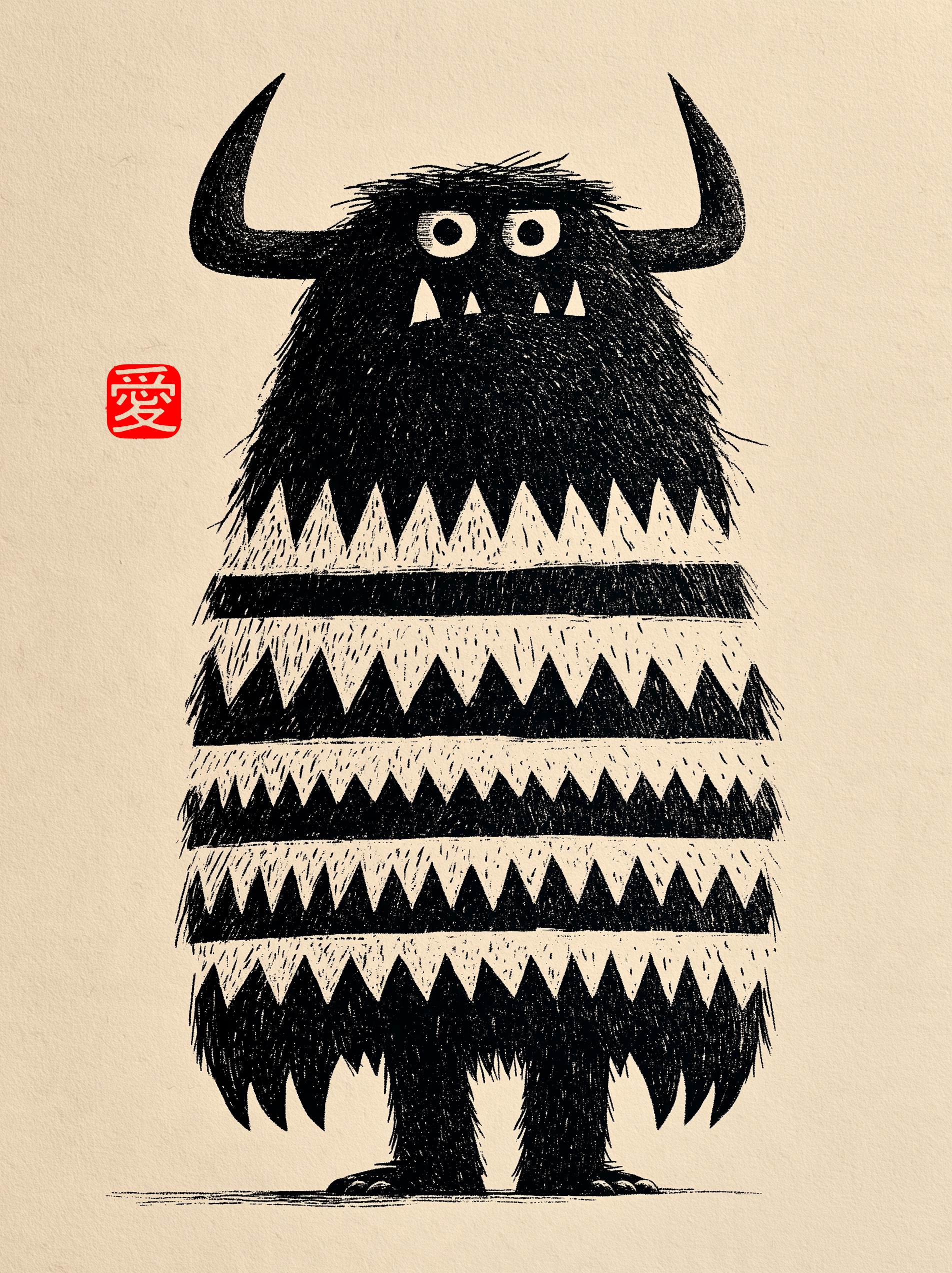 Cute furry black troll woodblock print with red seal