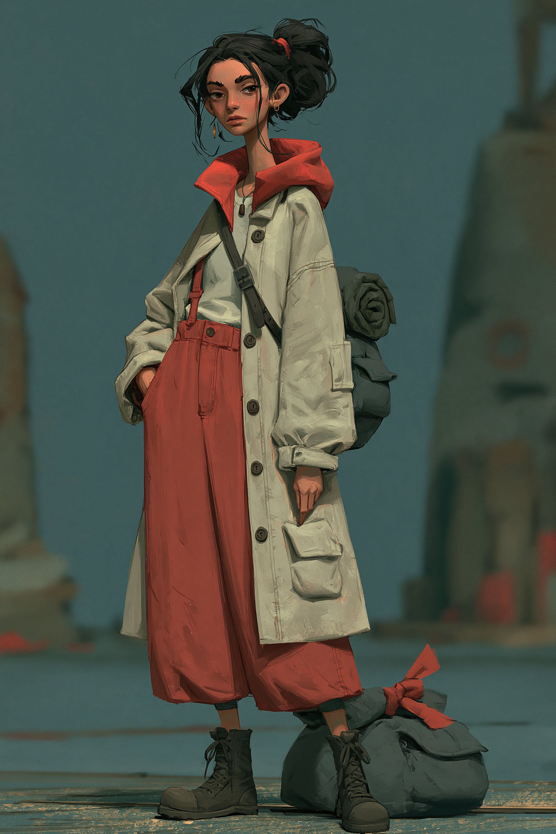 Illustrated female traveler with red pants and