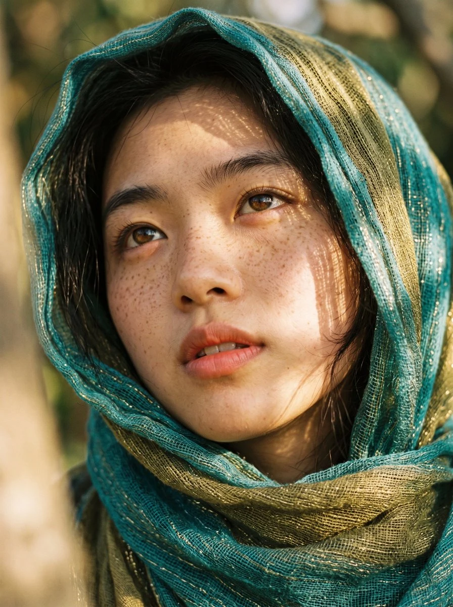 young woman with freckles in teal headscarf