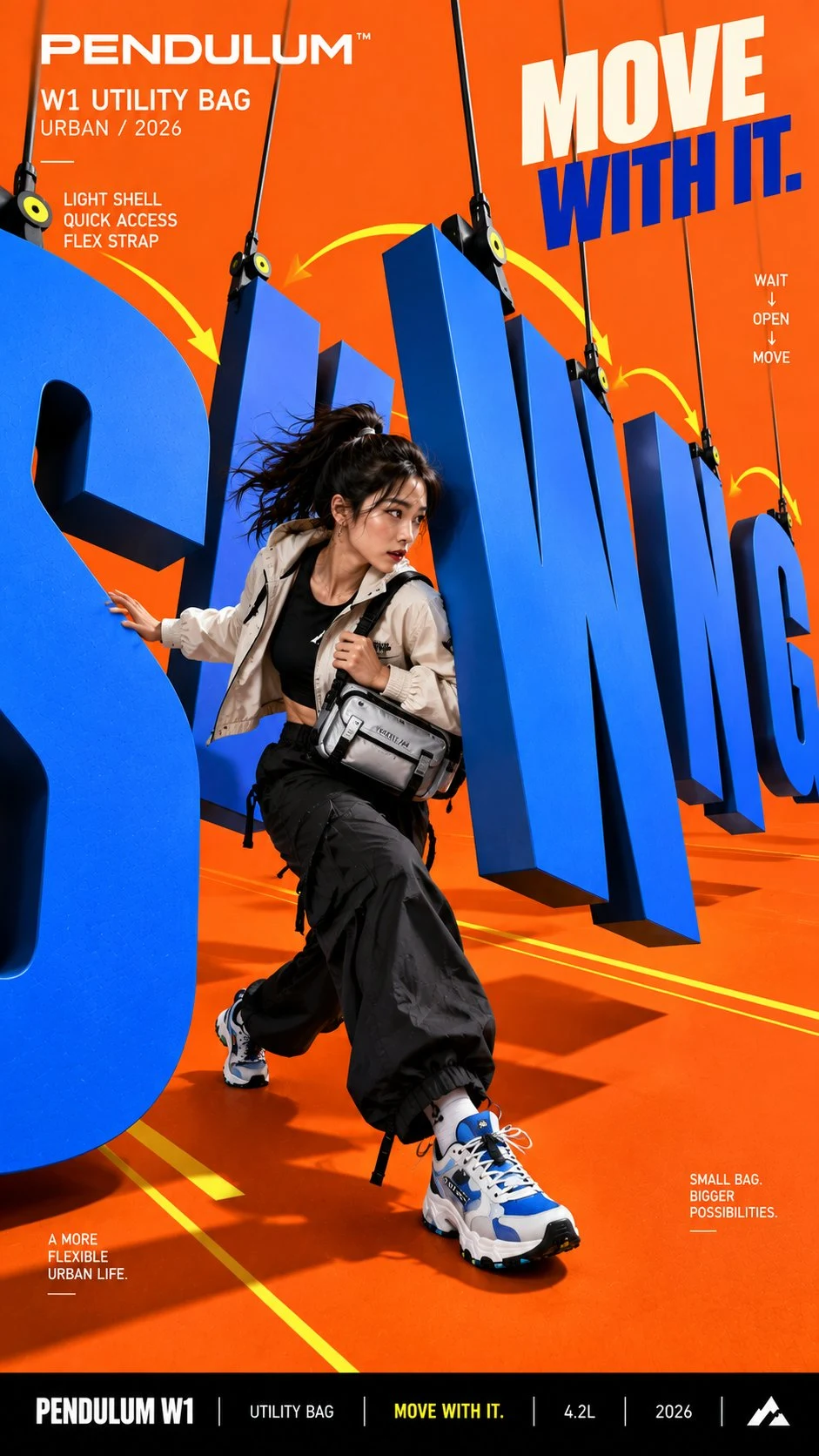 Pendulum utility bag fashion campaign poster with