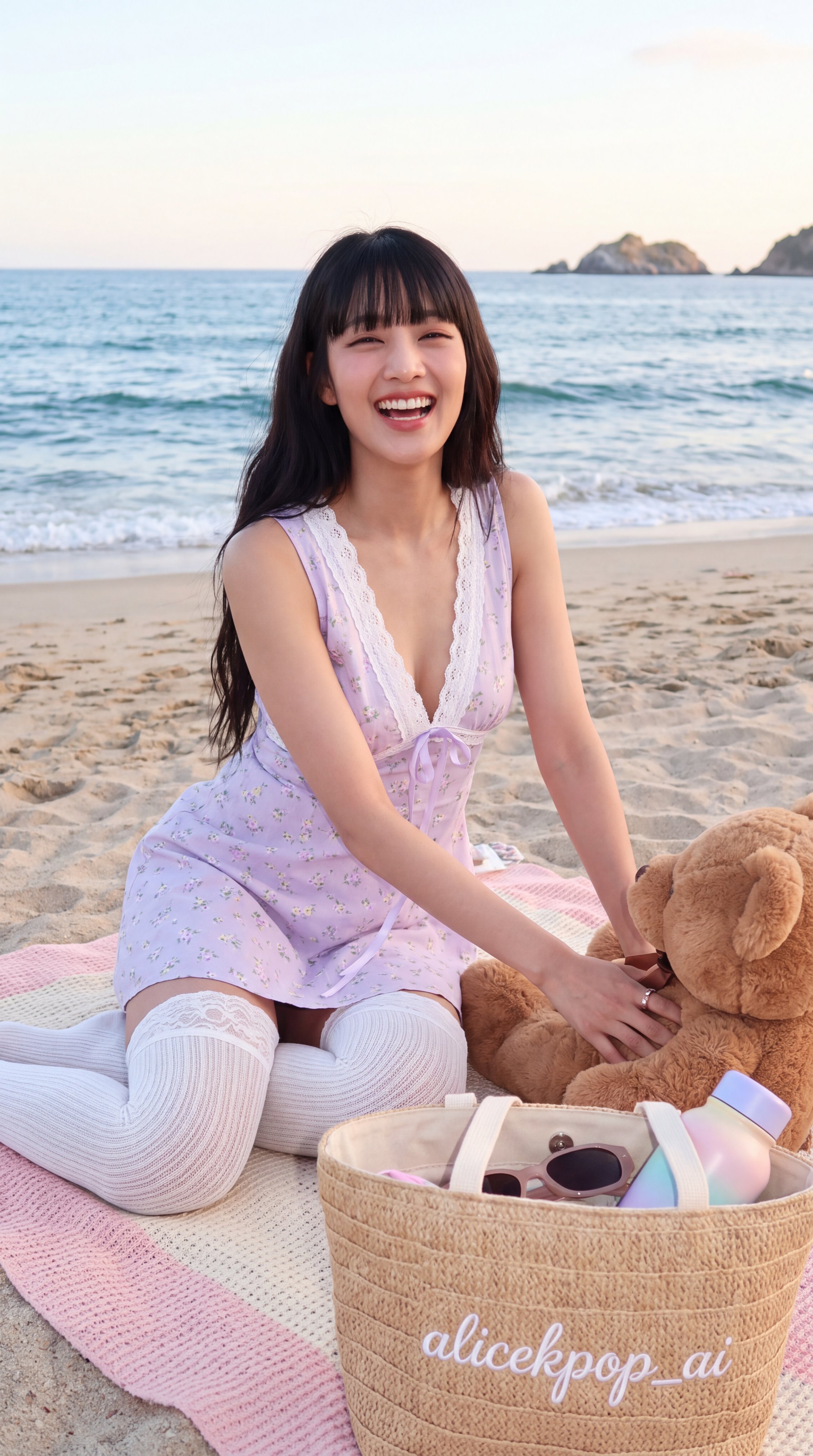 Beautiful K-pop idol woman laughing on beach with
