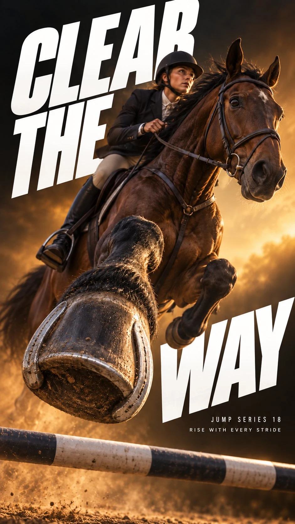 show jumping horse poster with horseshoe foreground
