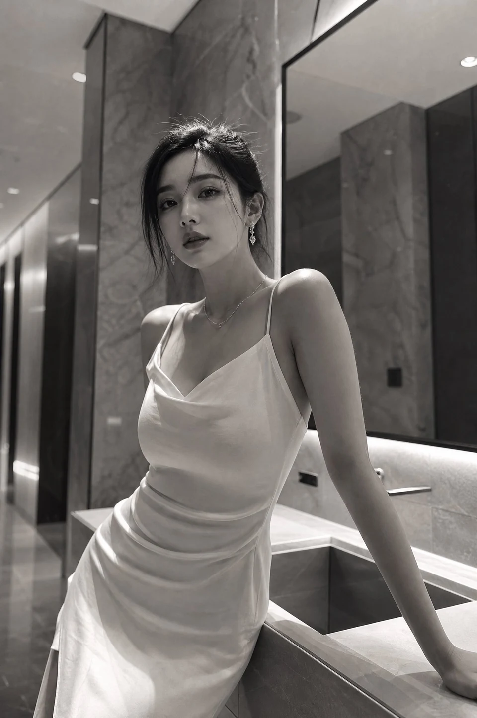 Korean model in white dress leaning on hotel