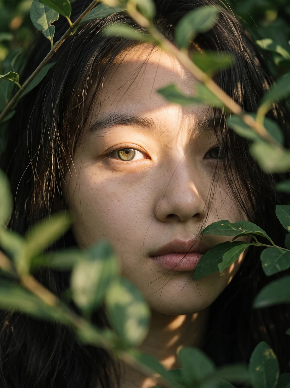 Cinematic close-up portrait of a young woman