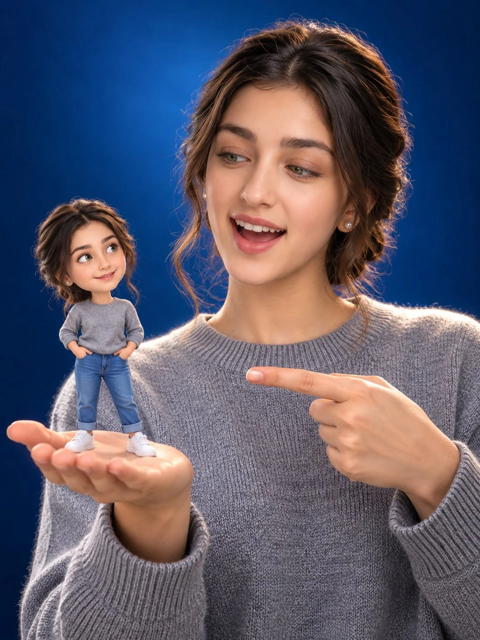 Woman Holding Tiny Miniature Self on Palm Cinematic