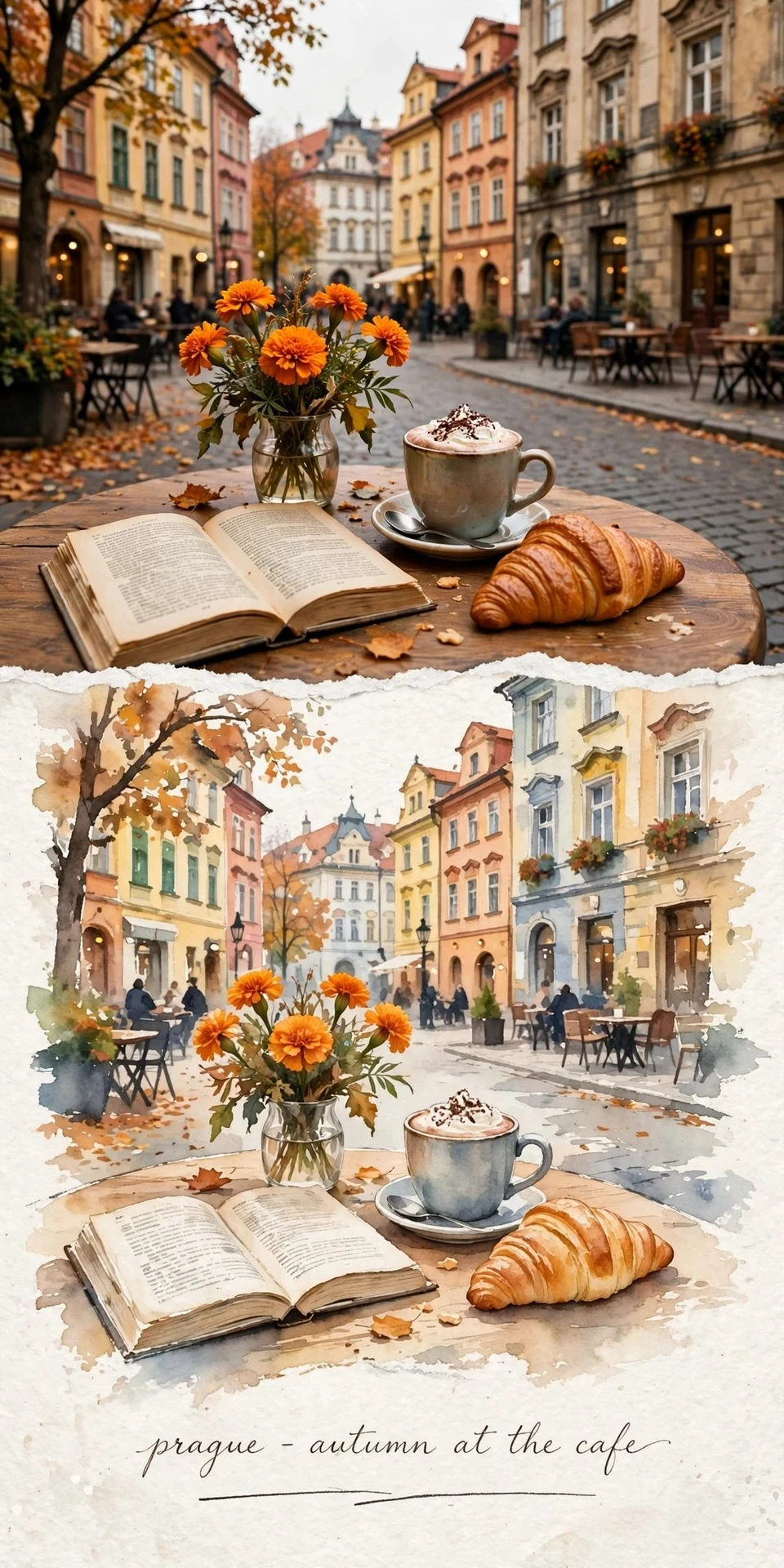 Prague cafe split with watercolor Santorini poster