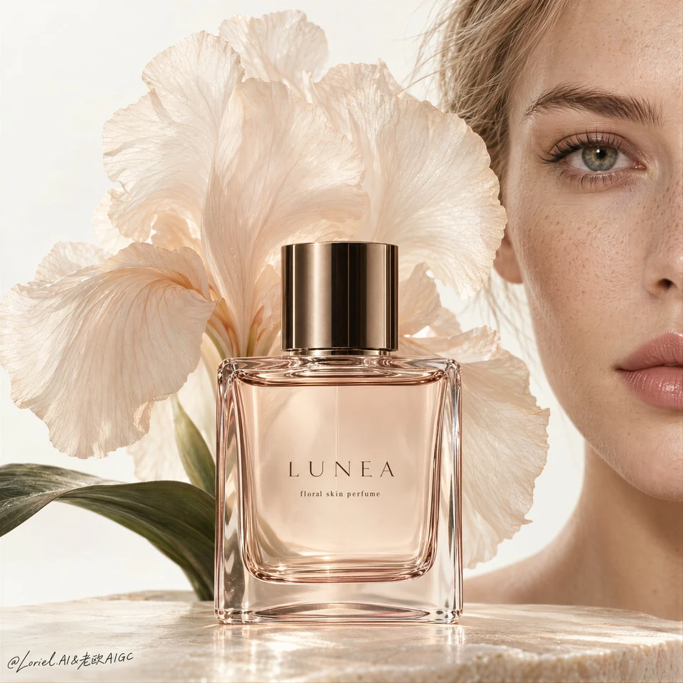 Luxury perfume bottle with flower and woman face