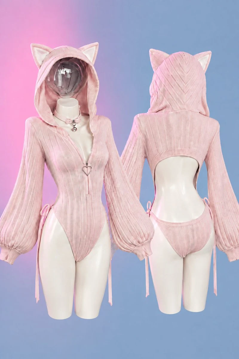 Pink cat ear hooded bodysuit with moe sleeves and