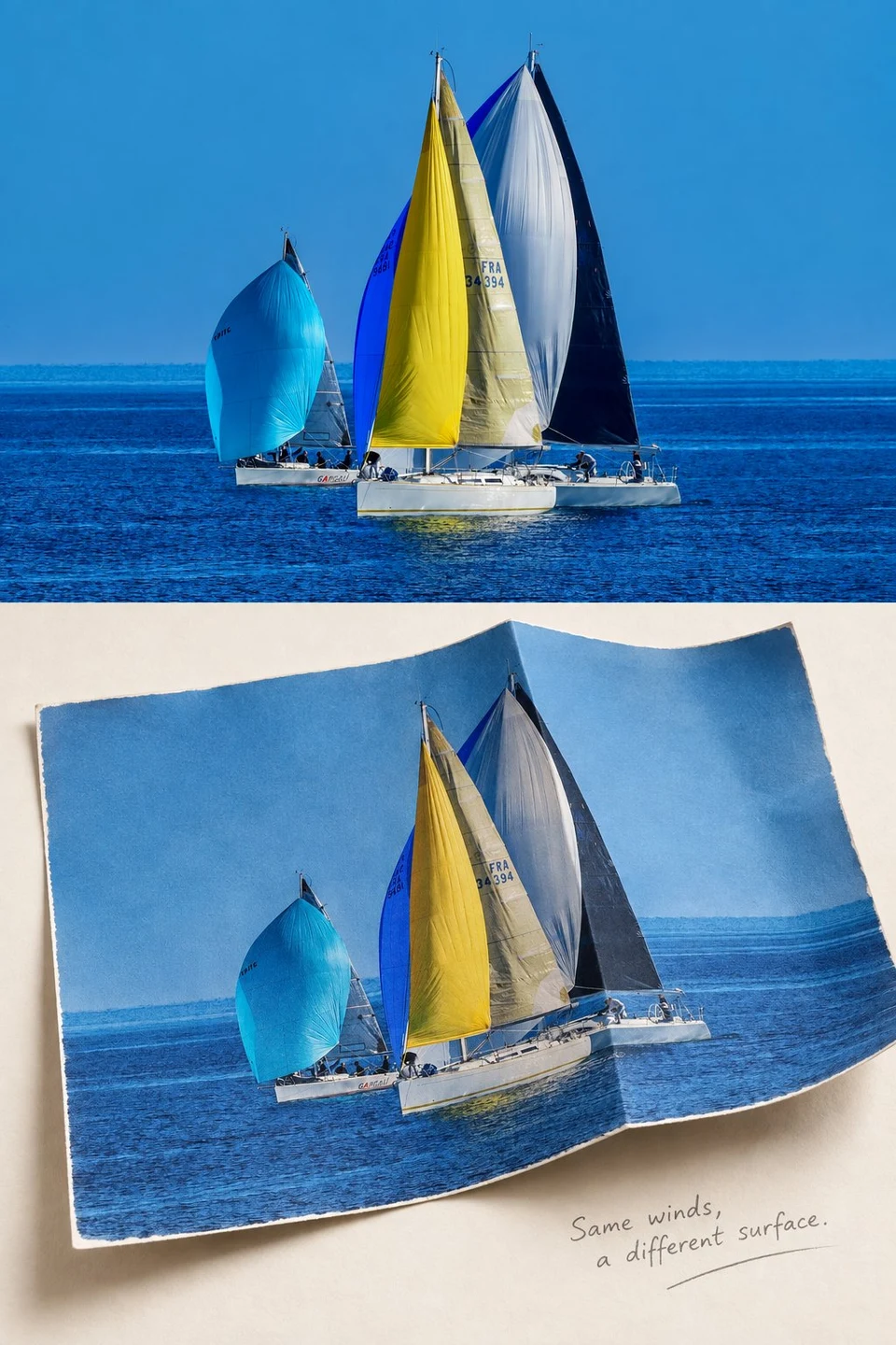 Folded matte paper print of sailing boats on ocean