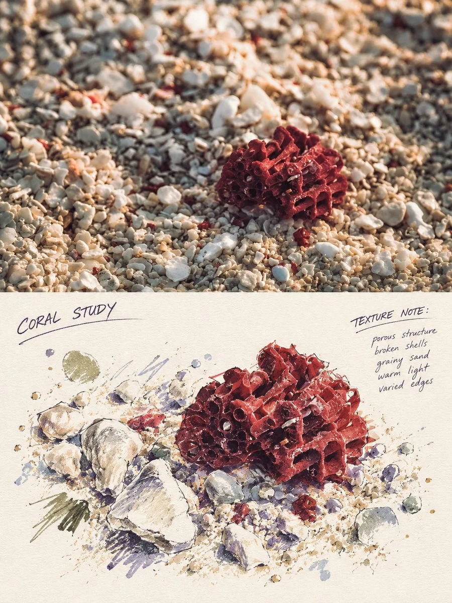 Red coral specimen plate with photo and ink drawing