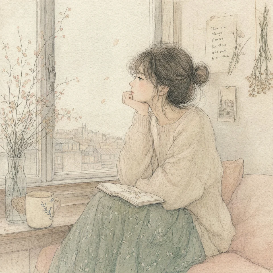 hand drawn illustration pensive girl window seat